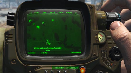 The Corvega Assembly Plant highlighted in the Pip-Boy’s Map menu.