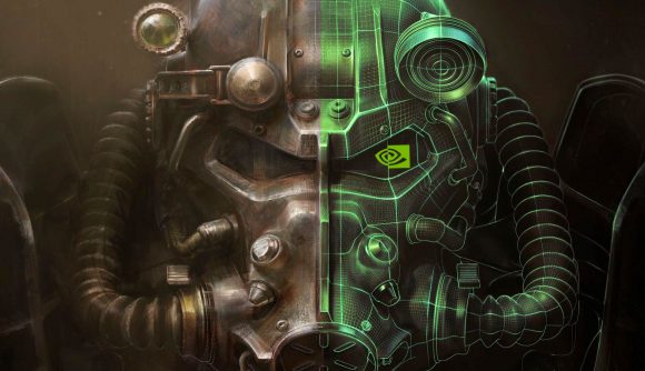 A set of power armor, from Fallout 4, with one side colored green and an Nvidia logo appearing in the right eye