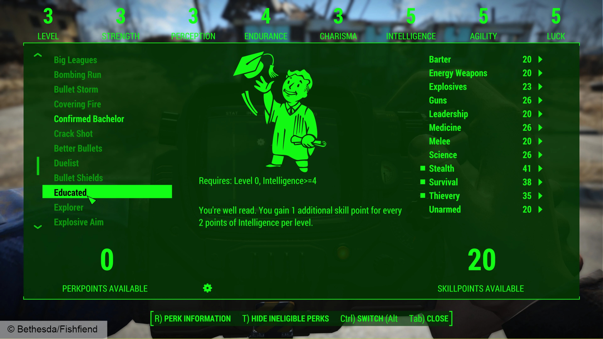Überarbeitung der Fertigkeitsmerkmale der Mod-Vorteile von Fallout 4: Ein Menübildschirm mit Statistiken und Vorteilen aus Fallout 4