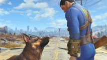 Fallout 4 Nexus Mods: a man in a blue jumpsuit holding a gun, looking down at a German Shepard dog that's looking up at him
