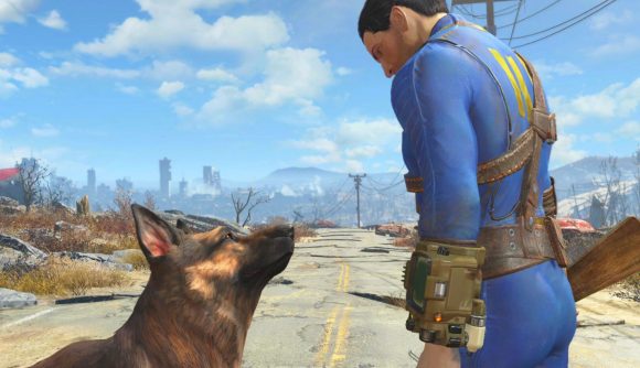 Fallout 4 Nexus Mods: a man in a blue jumpsuit holding a gun, looking down at a German Shepard dog that's looking up at him