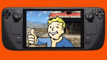 A thubms up Vault Boy against a Fallout 4 landscape on a Steam Deck