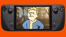 An unhappy Vault Boy against a Fallout background on a Steam Deck