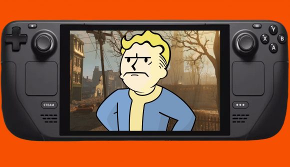 An unhappy Vault Boy against a Fallout background on a Steam Deck