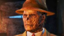 Fallout 4 update time: A ghoul in a peaked hat looks to the distance