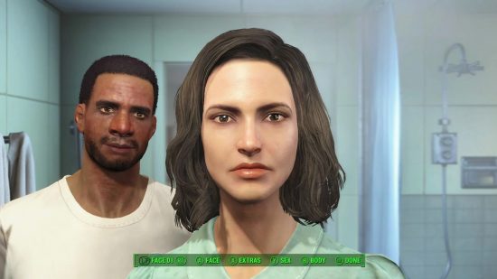 Fallout 4 builds: a woman with shoulder length brown hair looks into a mirror.