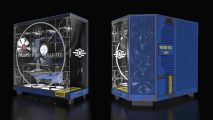 side by side images of a blue and yellow custom fallout vault tec gaming pc