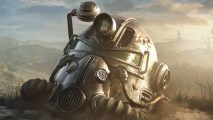 Fallout guide: A Brotherhood of Steel helmet lying on the ground overlooking a post-apocalyptic Boston.