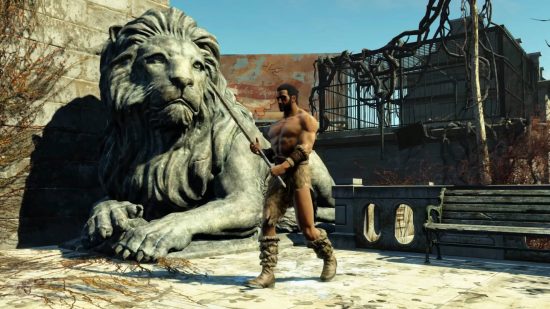 Fallout guide: a man dressed as a barbarian, holding a broadsword, walking past a stone lion.