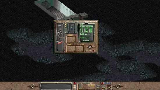  a screenshot from Fallout 1 where the player is in a cave with their Pipboy open.