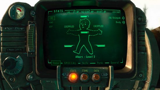  the Pipboy from Fallout 3 showing the player's health and broken limbs.