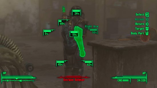 Fallout guide: the player is using the VATS system to bring up every body limb of the Enclave Soldier ahead of them.