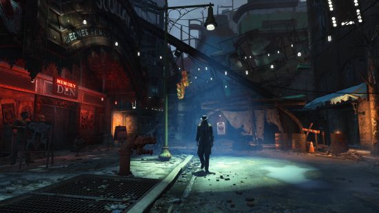 Fallout guide: a Synth sleuth walking the dark streets in Fallout 4.