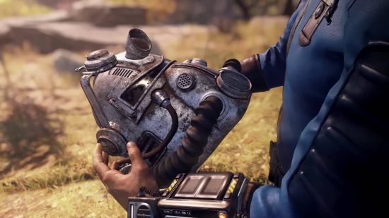 Fallout guide: a Vault Dweller holding onto a Brotherhood of Steel helmet.