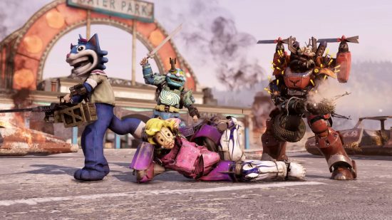  several people in costume posing for a photo in Fallout 76.