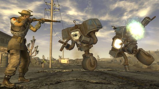  a player is shooting at two police droids in Fallout New Vegas.