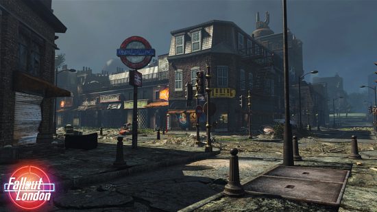 Fallout London – Zrzut ekranu ulic Camden w tym rozbudowanym projekcie modowym.