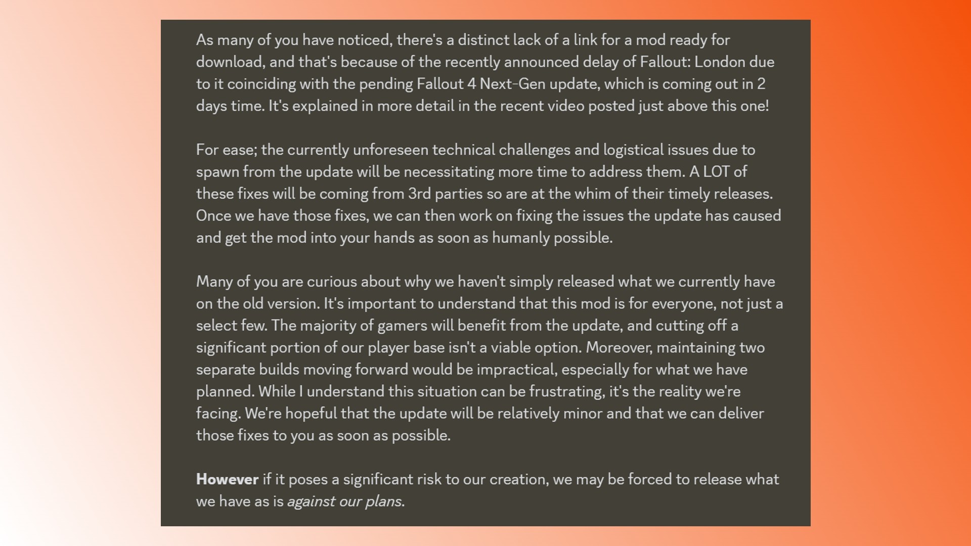 Data di uscita di Fallout London: una dichiarazione dello sviluppatore del mod di Fallout 4 Fallout London