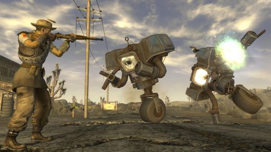 Best Fallout games: a man wearing a cowboy hat shoots at two robots.