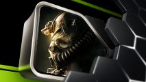 GeForce Now key art, combined with Falllout 76 key art, in which an armored figure appears inside a GPU