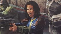 This Fallout RPG bundle lets you experience the wasteland from home: A Vault Dweller from Fallout blasts away, screaming as she does so, while a super mutant and someone in full power armor look on.