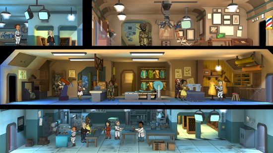 A three-tier underground vault full of Dwellers in Fallout Shelter, one of the best free PC games.