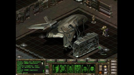 Best Fallout games: an overhead view of two people fighting near a futuristic airship.