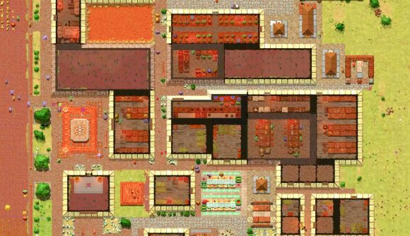 Fantasy city builder gets big update, discount: An overhead view of buildings and fields, from Songs of Syx.