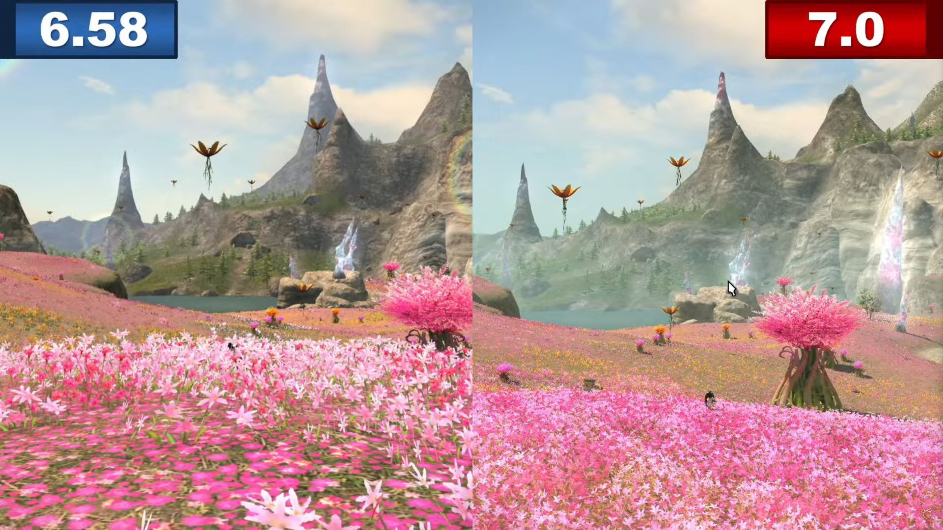 Dawntrail, punto de referencia de Final Fantasy 14: dos tomas de campos de flores rosas, la derecha tiene mejor calidad que la izquierda