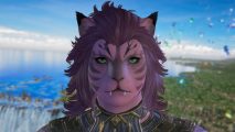 Final Fantasy 14 Dawntrail character creator: a red lion woman's head and shoulders on a sunny blue sky background