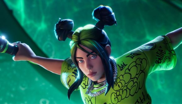 Billie Eilish parachutes into Fortnite Festival season 3: A Fortnite version of Billie Eilish is surrounded by green as she leaps into the air, microphone in hand.