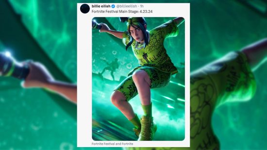 A screencap of Billie Eilish's tweet confirming that she'll be coming to Fortnite Festival on April 23.