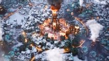 Frostpunk 2 beta dates - A sprawling city covered with snow, centered around a giant tower roaring with flames and smoke.