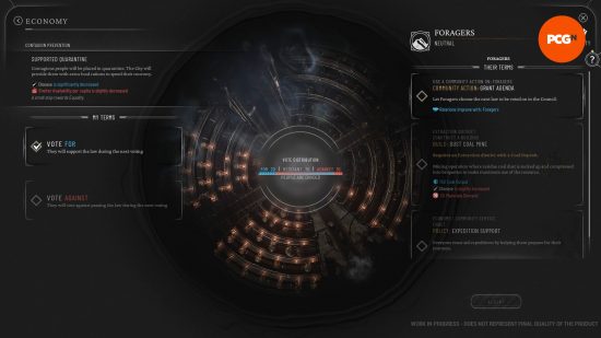 Three options available to encourage the Foragers to vote in favor of a law in the Frostpunk 2 Council.