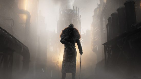 Frostpunk 2 preview: a person wearing a fur coat stands with their back to the camera as they admire a dark and dingy city.