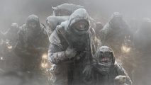 A man and child walk through a storm having been found in the wilderness by Frostpunk 2 Frostland Teams.