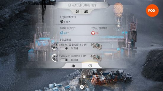 The details of an expanded Logistics District, with 40 Frostpunk 2 Frostland teams.