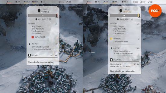 A split screen shows the different HUD displays when meeting and not meeting goods demand in Frostpunk 2, which can affect Heatstamps income.
