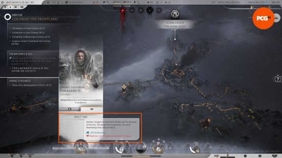 A screenshot shows the option to request funds from the Foragers, which would result in an additional 204 Frostpunk 2 Heatstamps.