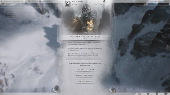 Frostpunk 2 preview: a message appears on a screen stating that the citizens of a city are freezing, and a community known as the Machinists are offering a solution.