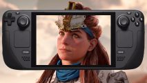 An image of a steam deck overlaid on a close up image of Aloy from Horizon Forbidden West