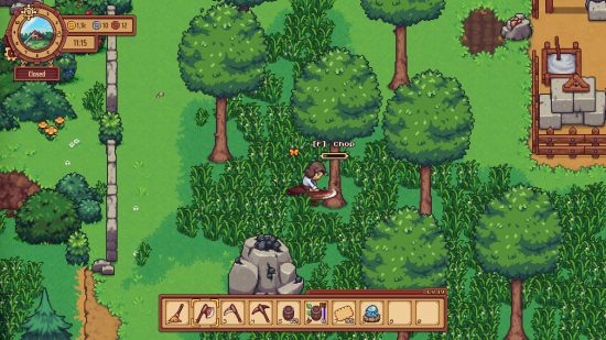 Games like Stardew Valley - a landlord chopping down a tree in Travellers Rest.