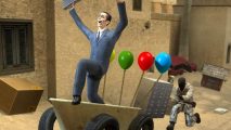 Garry's Mod to remove 20 years of Nintendo user generated content: A famous picture from Garry's Mod shows the G-Man on a wheelbarrow smiling and waving his arms while balloons trail behind him.