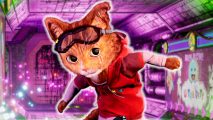 Gori, a cool orange cat with a red hoody and goggle on, rides through a bright, cyberpunk environment in Gori: Cuddly Carnage.