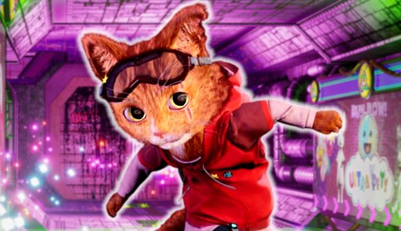 Gori, a cool orange cat with a red hoody and goggle on, rides through a bright, cyberpunk environment in Gori: Cuddly Carnage.