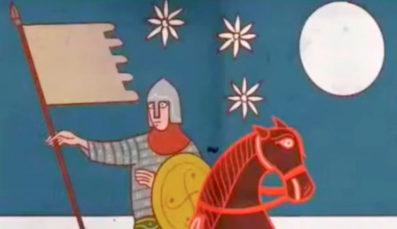 Crusaders Kings 3 has a new grand strategy rival, and it's out soon: A medieval tapestry style illustration of a knight on a horse holding a white flag.