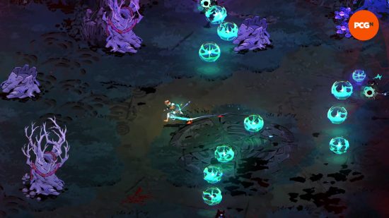 Hades 2 Hecate boss guide: Hecate has split herself into three and is firing multiple magic orbs at Melinoë.