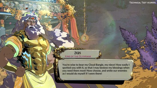 Hades 2 boons: Zeus, a large muscular man with a beard and a shiny golden armor.