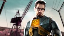 Art of Gordon Freeman in front of a screenshot of Highway 17 gameplay featuring a crane in the background.