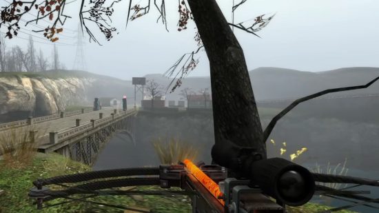 Screenshot of Half-Life 2 during Highway 17 chapter, with player equipped with crossbow looking out over Combine-occupied station